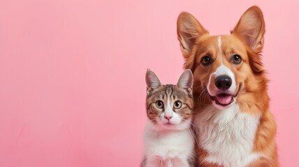 Fototapeta na wymiar Cat and Dog Posing Together on Pink Background