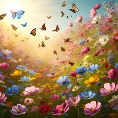 Fototapeta na wymiar A picturesque scene of a meadow filled with wildflowers of various colors, with bees and butterflies hovering over the blossoms, capturing the essence of a vibrant and lively spring day