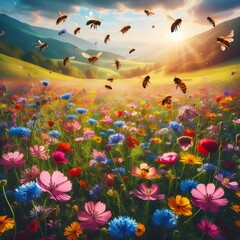 A picturesque scene of a meadow filled with wildflowers of various colors, with bees and butterflies hovering over the blossoms, capturing the essence of a vibrant and lively spring day - obrazy, fototapety, plakaty