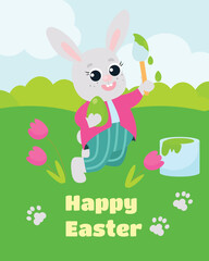 Easter card. The Easter bunny is dressed in pants and a shirt, holds a brush in his paws and paints decorative eggs. Festive illustration in cartoon style.