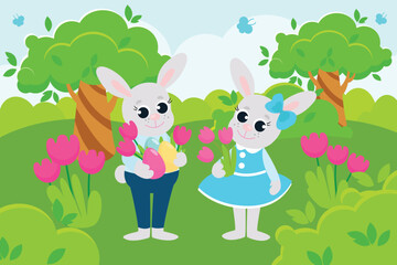 Obraz na płótnie Canvas Easter bunnies boy and girl are on a green meadow. The bunnies are happy and will laugh merrily. Scene in cartoon style.