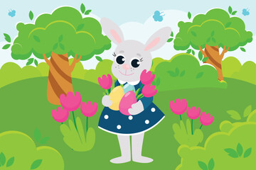 Easter bunny girl in a dress stands in the middle of a green meadow. The bunny is holding decorative eggs and flowers. Illustration of a scene in a cartoon style.