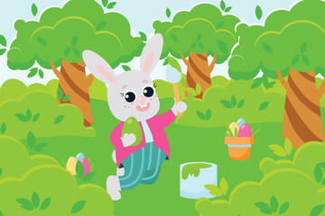 The Easter bunny is holding a brush in his paws in the middle of a green meadow. Bunny paints decorative eggs. Illustration of a scene in a cartoon style.
