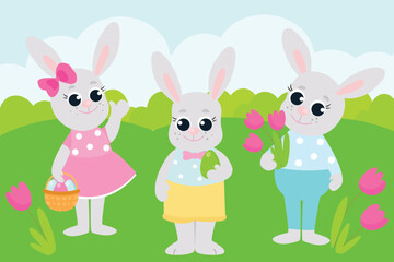 Greeting Easter card. Easter bunnies are standing in the middle of a green meadow. Illustration of a scene in a cartoon style.