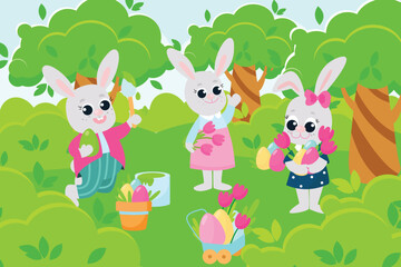 Greeting Easter card. Easter bunnies are on a green meadow. The bunnies are happy and will laugh merrily. Scene in cartoon style.
