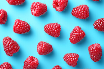 Raspberries pattern on blue background with shadows