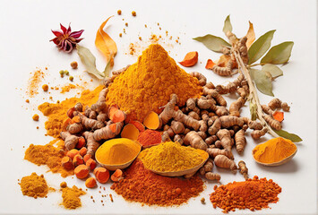 Turmeric root and powder, with a mix of warm and cool tones isolated on a white background