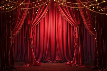 Lush red velvet curtains framing the stage, accented with gold rope ties and love-themed embroidery.
