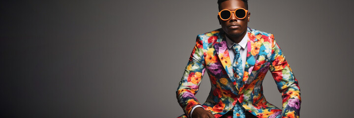 Stylish African American man in a bright floral business suit against a dark wall background. Fashion industry spring banner layout.