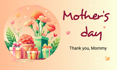Vector Mother's Day card, watercolor style, flowers, carnations, gifts and hearts, symbols of love and care.