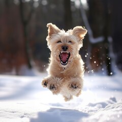 a dog with a large open mouth runs happily jumping in the snow