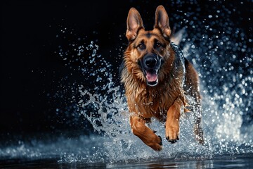 a dog with an open mouth jumps on the water, raising splashes in the sun's rays