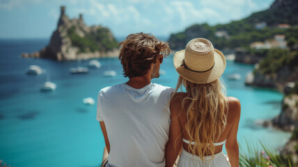 Couple in love admiring delightful scenery visiting an exotic Mediterranean island with clear turquoise crystal sea water. Paradisiacal travel destination during holiday or vacation