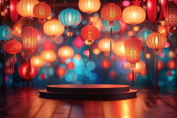 The podium can be adorned with hanging red lanterns for added charm.