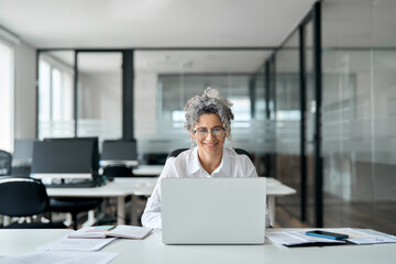 Smiling busy middle aged older woman wearing eyeglasses using laptop working in business office....