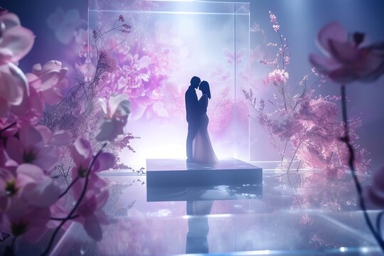 Love Story  showcased on a transparent platform, while a romantic 3D animation plays behind it.