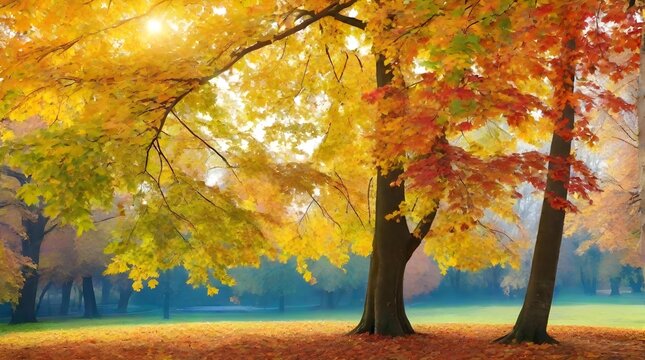 Autumn landscape - trees in the park with colorful autumn leaves.