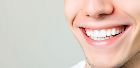 Obraz premium Close up of beautiful male smile with white teeth over plane background. Header image with empty space for text.