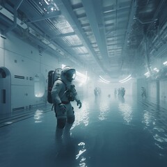 Fototapeta na wymiar Astronaut in space suit walking through a tunnel with water
