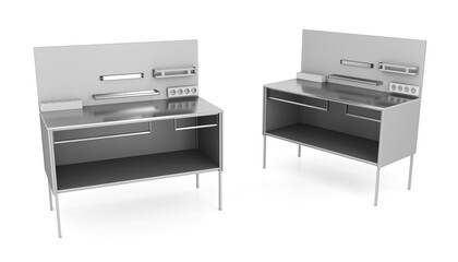 Retail store buyer tables for packaging and testing goods. 3d illustration set