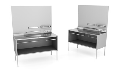 Retail store buyer tables for packaging and testing goods. 3d illustration set