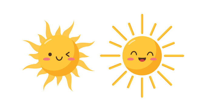 Vector sun icons in Kawaii style. Isolated on a white background. Flat design.	
