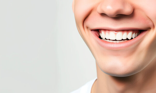 Close up of beautiful male smile with white teeth over plane background. Header image with empty space for text.