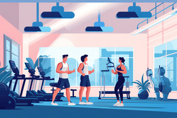 Active Lifestyle: A Strong Woman Training in the Gym, Exercising on a Treadmill with Fitness Equipment - Cartoon Illustration