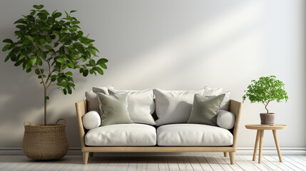 Room interior with gray velvet sofa, pillows, lamp and fiddle leaf plant on white wall background