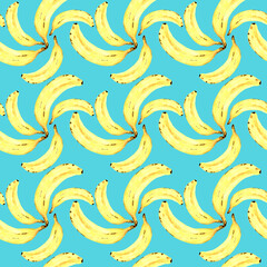 Seamless pattern with yellow bananas, summer tropical fruit pattern, watercolor, summer party, wedding, graphic resources, 300 dpi   