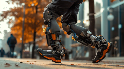 Empower your run with a robotic leg, merging technology and athleticism seamlessly. Unleash enhanced performance, turning strides into a testament of resilience and innovation. - obrazy, fototapety, plakaty