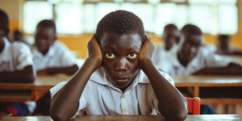 Portrait of a serious African elementary school young boy in uniform sitting in an ordinary classroom in an African rural village school. Availability of education in Third World countries concept - obrazy, fototapety, plakaty