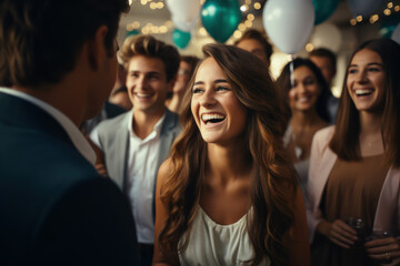Fototapeta premium A group of friends surprising someone with a celebration for their achievements, illustrating the joy of sharing accomplishments with a supportive community. Generative Ai.