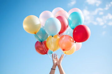 A close-up of hands releasing a bunch of helium balloons into the sky, symbolizing the release of old worries and the embrace of new possibilities. Generative Ai.