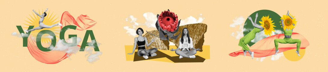 Collage collection of young yoga lady jump girls sitting in lotus pose during sunflower women practicing meditation over beige background