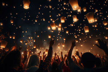 A close-up of hands releasing paper lanterns into the night, creating a mesmerizing display of...