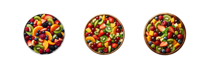 Collection Set of bowl of fruit salad in top view, isolated over on transparent white background