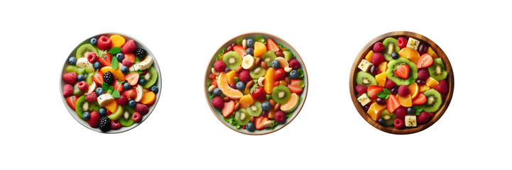 Collection Set of bowl of fruit salad in top view, isolated over on transparent white background