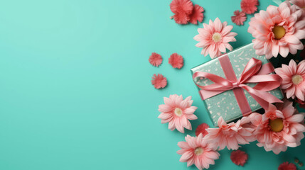 A gift box with pink flowers on the turquoise background. Romantic shopping, anniversary copy space. 