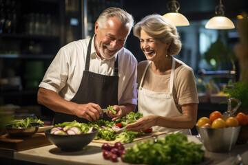 Senior couple enjoying a gourmet cooking class together, representing the joy of new experiences and learning. Concept of culinary exploration and shared activities in aging. Generative Ai.