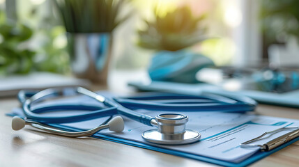A stethoscope rests on the table, symbolizing care and healing. Each quiet moment before use echoes the dedication of medical professionals, ready to listen and diagnose with precision.