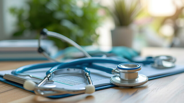 A stethoscope rests on the table, symbolizing care and healing. Each quiet moment before use echoes the dedication of medical professionals, ready to listen and diagnose with precision.