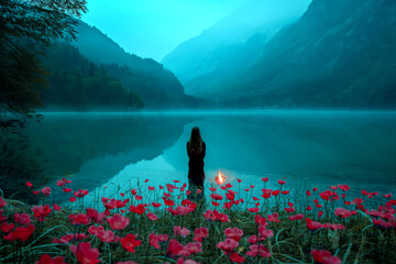 Girl entering a lake full of mystical mist, in the middle of flowers in a mountains landscape