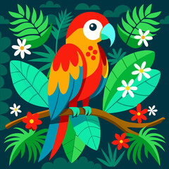 Parrot on a branch with flowers and leaves. Vector illustration.