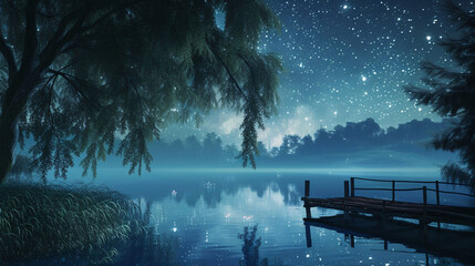 Starry Night over a Tranquil Lake with Pier - obrazy, fototapety, plakaty