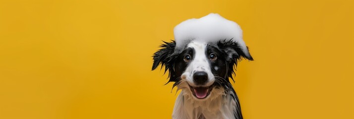 Wet puppy border collie dog taking bath with soap bubble foam on head, banner