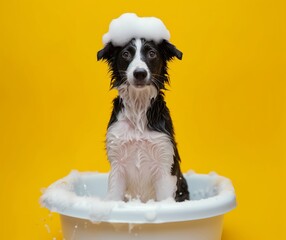 Wet puppy border collie dog taking bath with soap bubble foam on head