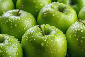 Background with ripe crunchy green apples. Locally grown summer and fall delicious, fresh and healthy fruits