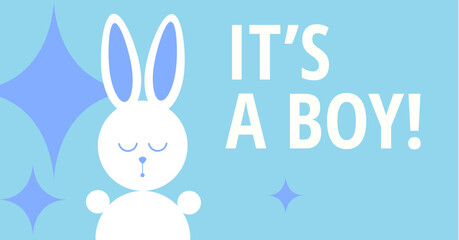 It's a boy it's vector greeting card for baby shower and gender party. Baby announcement card design element rabbit. Sweet Bunny on blue background.