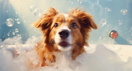 Um bonito cachorro tomando banho de espuma